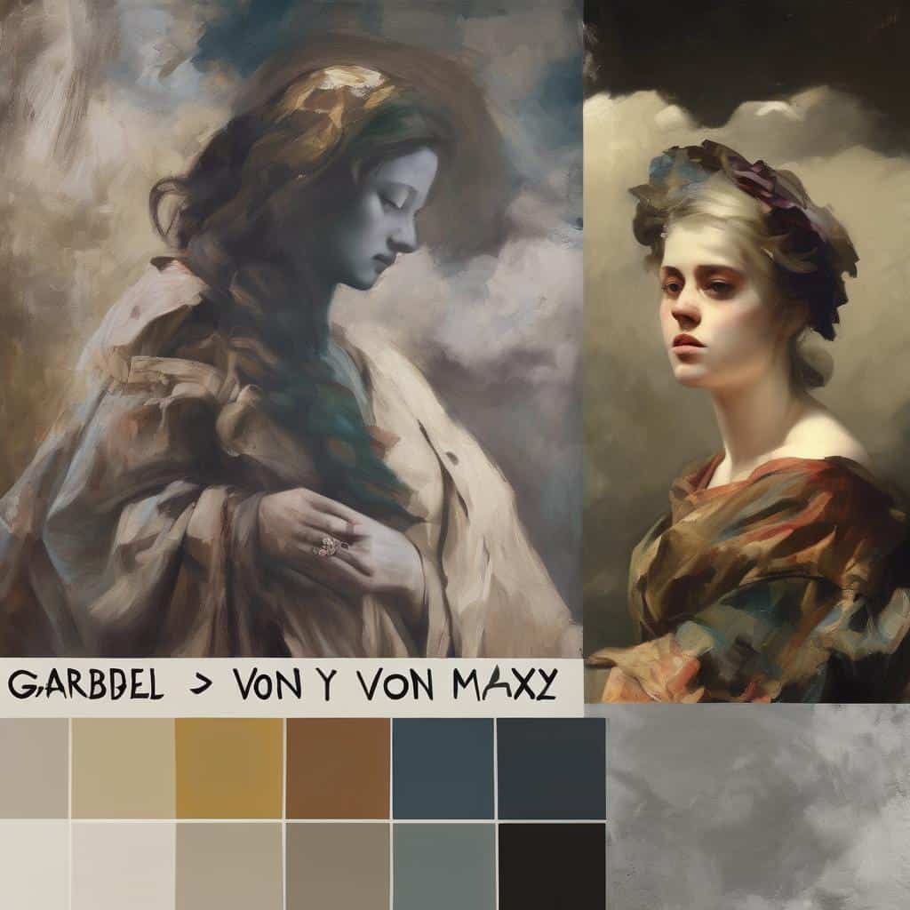 Επιβλητικό πορτρέτο γυναίκας με έμφαση στο χρώμα και το συμβολισμό στην τέχνη, σε στυλ ρεαλισμού και ρομαντισμού, περιλαμβάνει παλέτα χρωμάτων και επιγραφές.