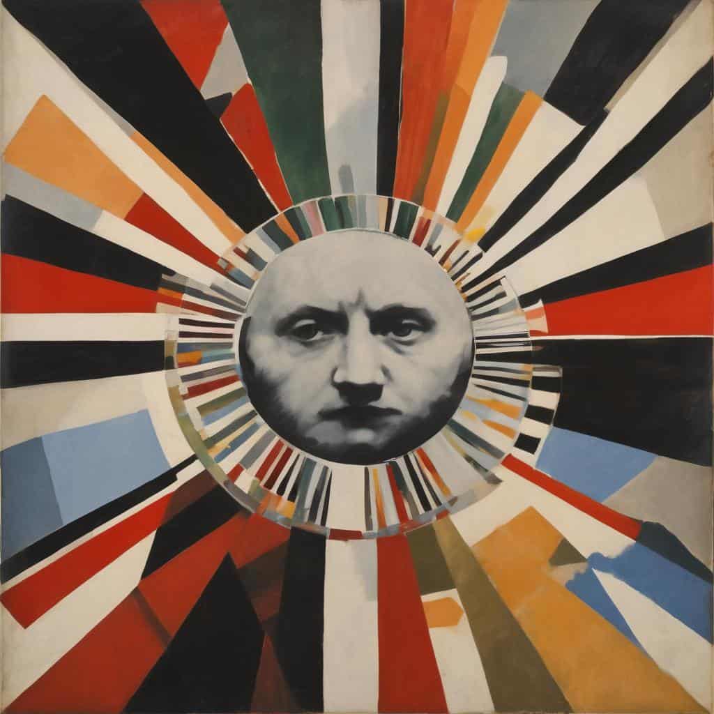 Χρώμα και Συμβολισμός στην Τέχνη, αφηρημένη τέχνη με έντονα χρώματα και γεωμετρικά μοτίβα, εμβληματική εικόνα με πρόσωπο σε μαύρο και λευκό, ιστορικό και πολιτιστικό βάθος.