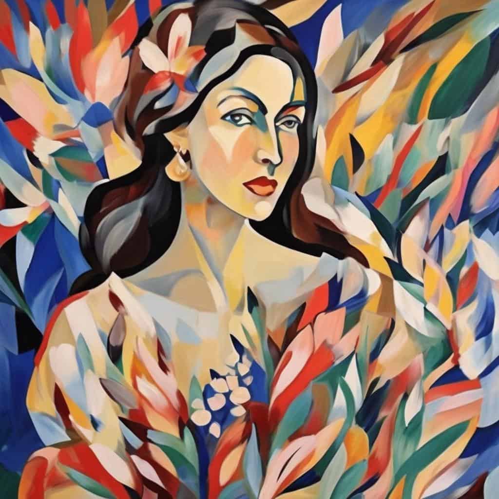 Ζωγραφιά με έντονα χρώματα και συμβολισμούς στην τέχνη, απεικονίζει μια γυναίκα με πολύχρωμο φόντο και φυτικά στοιχεία, αναδεικνύοντας την σημασία του χρώματος και των συμβόλων στην τέχνη.