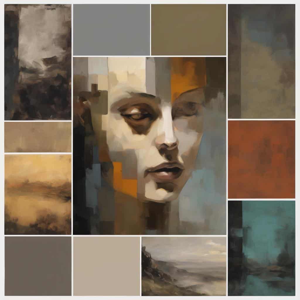 Σκέψη και συμβολισμός στην τέχνη, με εστίαση στη χρήση χρωμάτων και την εκφραστικότητα των μορφών, παρουσιάζοντας μια ψηφιακής τέχνης σύνθεση με μοντέρνες πινελιές και βαθιά νοήματα.