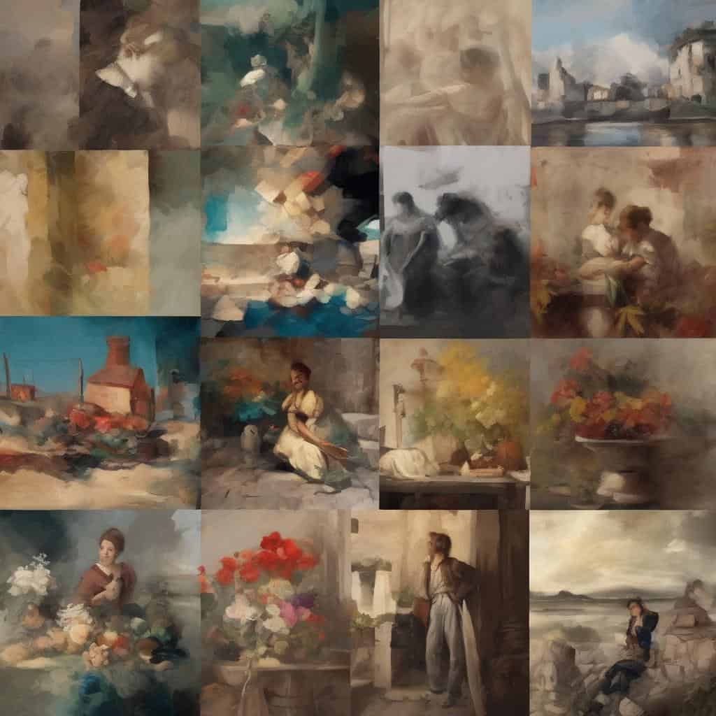 Ζωγραφικά έργα με έμφαση στο χρώμα και το συμβολισμό στην τέχνη, αποτυπώνοντας ανθρώπινες φιγούρες, τοπία και καθημερινές στιγμές με διάφορα στυλ και χρωματικές palettes.