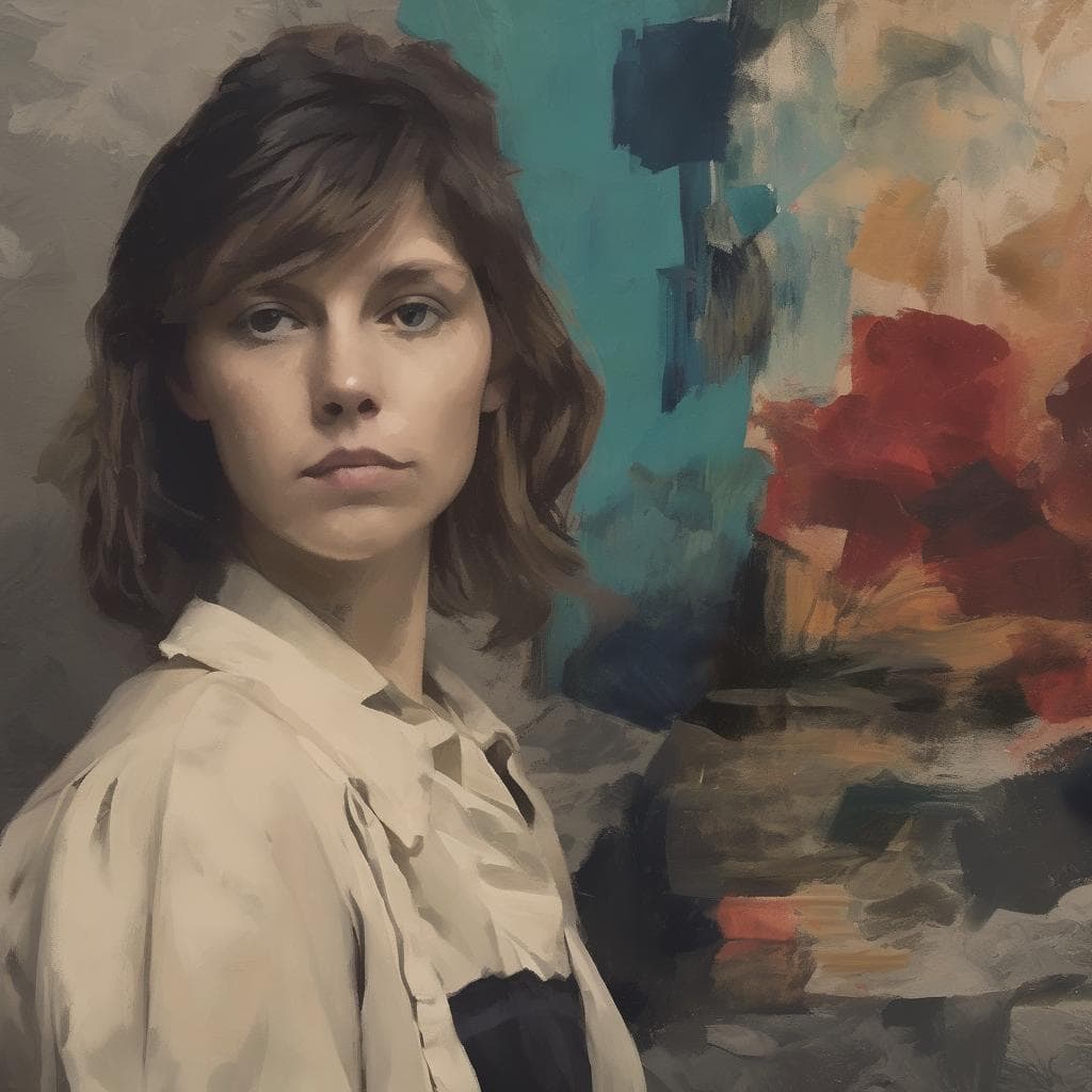 Ζωγραφική πορτρέτου γυναίκας με έμφαση στα χρώματα και το συμβολισμό στην τέχνη, με έντονες πινελιές και παραστατικές αντανακλάσεις.