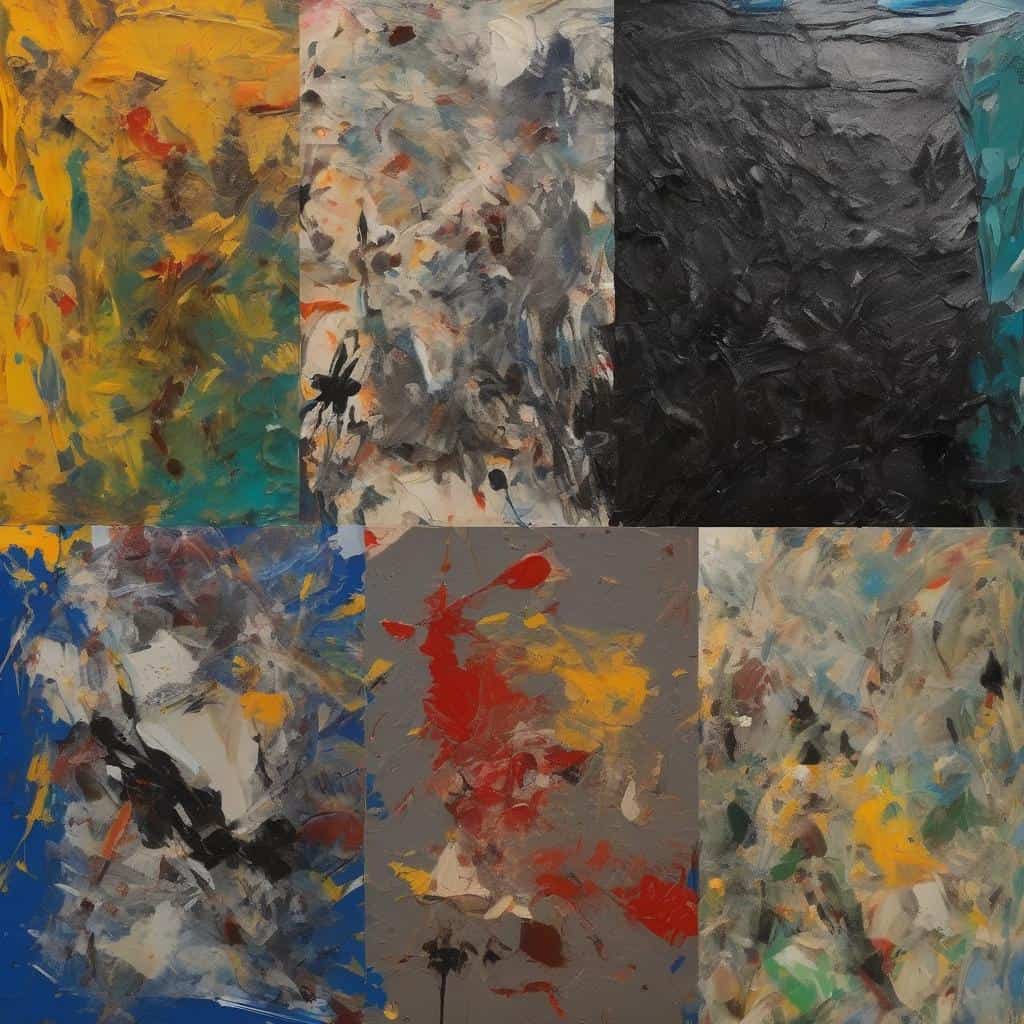 ζωγραφική αφηρημένη τέχνη με έντονους χρωματικούς συμβολισμούς, αποχρώσεις σε κίτρινο, γκρι, μαύρο, μπλε, κόκκινο και πράσινο, εξερευνώντας το χρώμα και το συμβολισμό στην τέχνη και τη δημιουργικότητα.